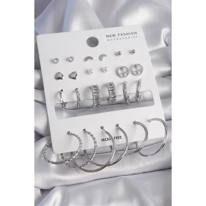 Pirinç Gümüş Renk Zirkon Taşlı 12 Çift Kadın Küpe Seti