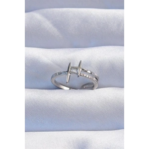 Pirinç Gümüş Renk Zirkon Taşlı 2li Görünüm Ayarlanabilir Yıldız Model Yüzük