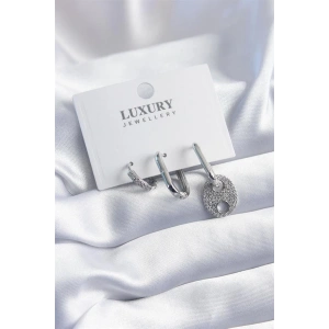 Pirinç Gümüş Renk Zirkon Taşlı 3lü Kadın Küpe Seti