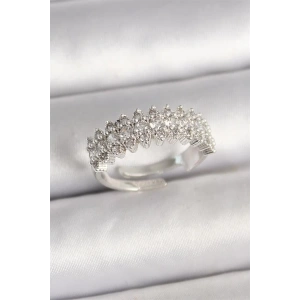 Pirinç Gümüş Renk Zirkon Taşlı Ayarlanabilir Kadın Yüzük