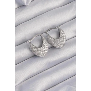 Pirinç Gümüş Renk Zirkon Taşlı Badem Model Küpe