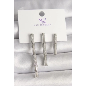 Pirinç Gümüş Renk Zirkon Taşlı Bambu Model 3Lü Kadın Kombin Küpe