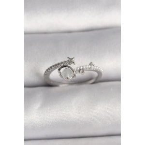 Pirinç Gümüş Renk Zirkon Taşlı Beyaz Mineli Yıldız Detay Ayarlanabilir Kadın Yüzük