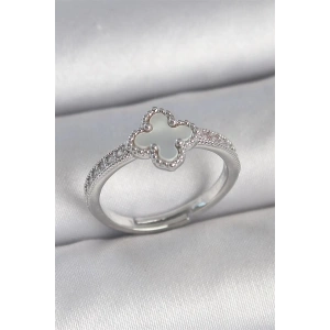 Pirinç Gümüş Renk Zirkon Taşlı Beyaz Mineli Yonca Model Ayarlanabilir Kadın Yüzük