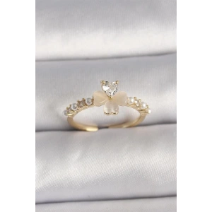 Pirinç Gümüş Renk Zirkon Taşlı Beyaz Mineli Yonca Model İnci Detay Ayarlanabilir Yüzük