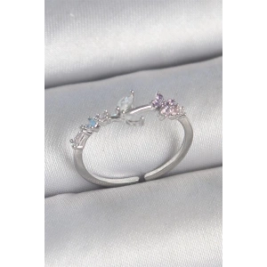 Pirinç Gümüş Renk Zirkon Taşlı Çiçek Model Ayarlanabilir Kadın Yüzük