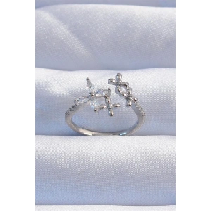 Pirinç Gümüş Renk Zirkon Taşlı Çiçek Model Ayarlanabilir Yüzük