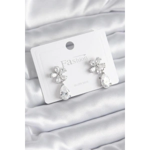 Pirinç Gümüş Renk Zirkon Taşlı Çiçek Model Damla Model Kadın Küpe