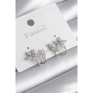 Pirinç Gümüş Renk Zirkon Taşlı Çiçek Model Kadın Küpe