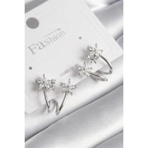 Pirinç Gümüş Renk Zirkon Taşlı Çiçek Model Kadın Küpe