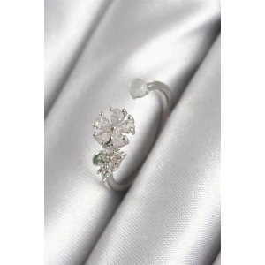 Pirinç Gümüş Renk Zirkon Taşlı Çiçek Model Kadın Yüzük