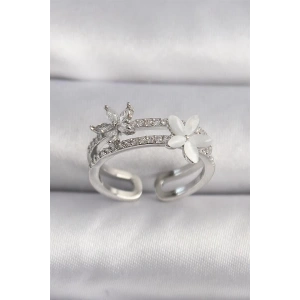 Pirinç Gümüş Renk Zirkon Taşlı Çiçek Model VIP Seri Kadın Yüzük