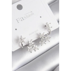 Pirinç Gümüş Renk Zirkon Taşlı Çiçek Tasarım Kadın Küpe