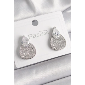 Pirinç Gümüş Renk Zirkon Taşlı Damla Model Kadın Küpe