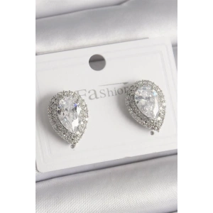 Pirinç Gümüş Renk Zirkon Taşlı Damla Model Kadın Küpe