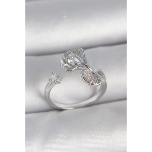 Pirinç Gümüş Renk Zirkon Taşlı Deniz Kabuğu Model Ayarlanabilir Kadın Yüzük