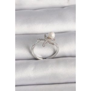 Pirinç Gümüş Renk Zirkon Taşlı Deniz Yıldızı Model İnci Detay Ayarlanabilir Yüzük