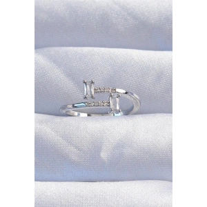 Pirinç Gümüş Renk Zirkon Taşlı Geometrik Ayarlanabilir Yüzük