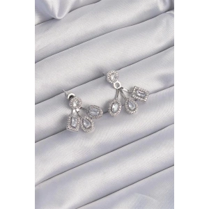 Pirinç Gümüş Renk Zirkon Taşlı Geometrik Model Küpe