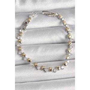 Pirinç Gümüş Renk Zirkon Taşlı Gold Kalpli VIP Seri Kadın Bileklik