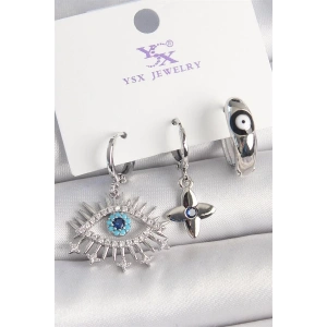 Pirinç Gümüş Renk Zirkon Taşlı Göz Model Nazar Boncuk Detay 3Lü Kadın Kombin Küpe