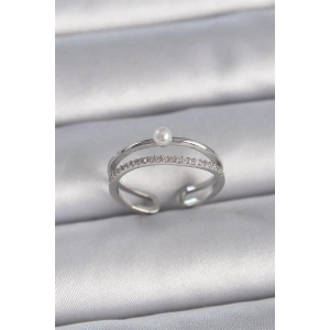 Pirinç Gümüş Renk Zirkon Taşlı İnci Detay Ayarlanabilir Model Kadın Yüzük