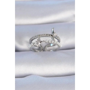 Pirinç Gümüş Renk Zirkon Taşlı İnci Detay Kutup Yıldızı Model Kadın Yüzük