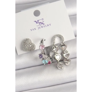 Pirinç Gümüş Renk Zirkon Taşlı Kalp Figür Renkli Taş Detay 3Lü Kadın Kombin Küpe