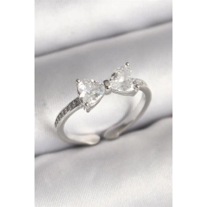 Pirinç Gümüş Renk Zirkon Taşlı Kalp Fiyonk Model Kadın Yüzük