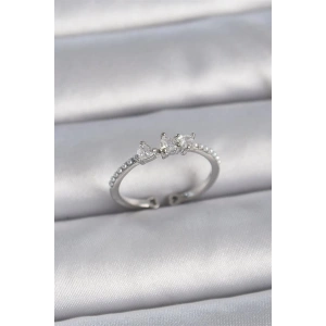 Pirinç Gümüş Renk Zirkon Taşlı Kalp İnci Detay Ayarlanabilir Model Kadın Yüzük