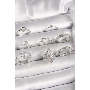 Pirinç Gümüş Renk Zirkon Taşlı Kalp Kutup Yıldız Figür Kadın Yüzük Kombini