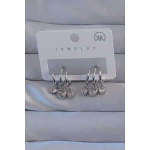 Pirinç Gümüş Renk Zirkon Taşlı Kalp Model Çoklu Görünüm Yarım Halka Küpe