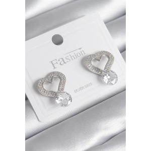 Pirinç Gümüş Renk Zirkon Taşlı Kalp Model Damla Zirkon Taş Detay Kadın Küpe