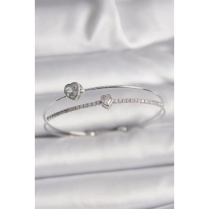 Pirinç Gümüş Renk Zirkon Taşlı Kalp Model Kadın Bileklik