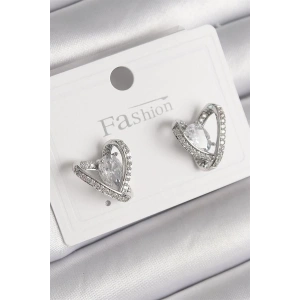 Pirinç Gümüş Renk Zirkon Taşlı Kalp Model Kadın Küpe