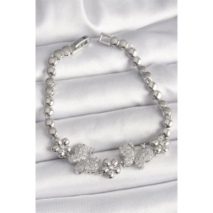 Pirinç Gümüş Renk Zirkon Taşlı Kelebek Figür Çiçek Zincir Model Kadın Bileklik