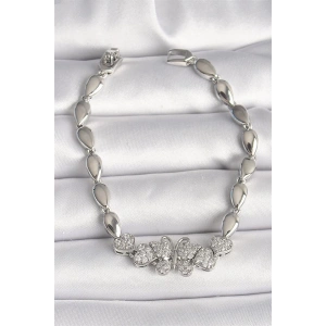 Pirinç Gümüş Renk Zirkon Taşlı Kelebek Figür Damla Zincir Model Kadın Bileklik