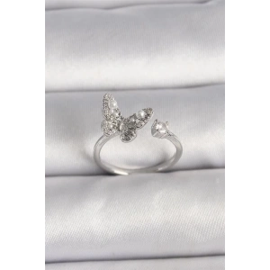 Pirinç Gümüş Renk Zirkon Taşlı Kelebek Model İnci Detay Ayarlanabilir Yüzük