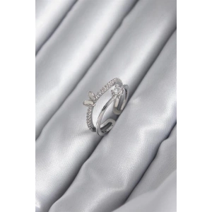 Pirinç Gümüş Renk Zirkon Taşlı Kelebek Model Kadın Yüzük