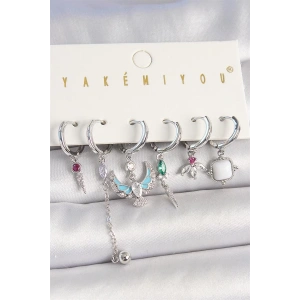 Pirinç Gümüş Renk Zirkon Taşlı Kuş Figür Çiçek Detay 6Lı Kadın Kombin Küpe