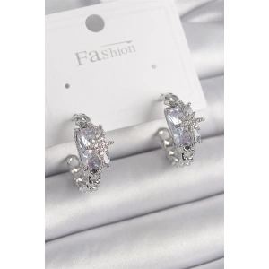 Pirinç Gümüş Renk Zirkon Taşlı Kutup Yıldız İşleme Detay Kadın Küpe