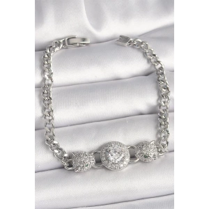 Pirinç Gümüş Renk Zirkon Taşlı Leopar Figür Zincir Model Kadın Bileklik