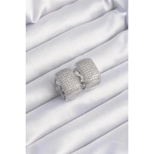 Pirinç Gümüş Renk Zirkon Taşlı Minimal Halka Küpe