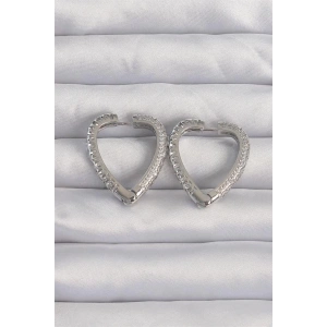 Pirinç Gümüş Renk Zirkon Taşlı Motifli Kalp Küpe