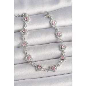 Pirinç Gümüş Renk Zirkon Taşlı Pembe Kalp Model VIP Seri Kadın Bileklik