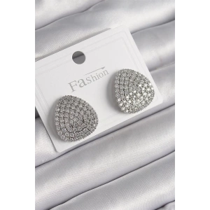 Pirinç Gümüş Renk Zirkon Taşlı Plaka Model Kadın Küpe