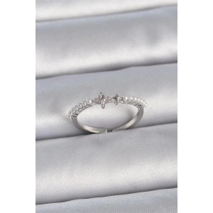 Pirinç Gümüş Renk Zirkon Taşlı Sıralı İnci Ayarlanabilir Model Kadın Yüzük