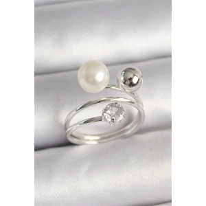 Pirinç Gümüş Renk Zirkon Taşlı Toplu İnci Model Kadın Yüzük