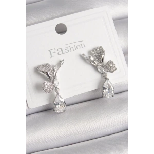 Pirinç Gümüş Renk Zirkon Taşlı Turna Kuşu Model Sallantı Detay Kadın Küpe