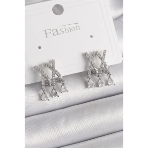 Pirinç Gümüş Renk Zirkon Taşlı X Model Sallantı Detay Kadın Küpe
